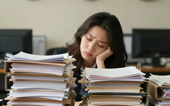A tired worker at a desk surrounded by tall stacks of paperwork with clocks behind.