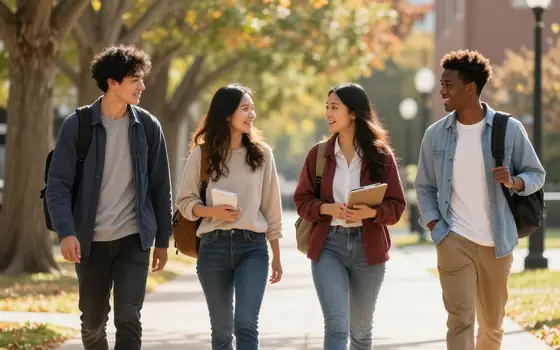 Four university students walking and talking on a sunny campus path.