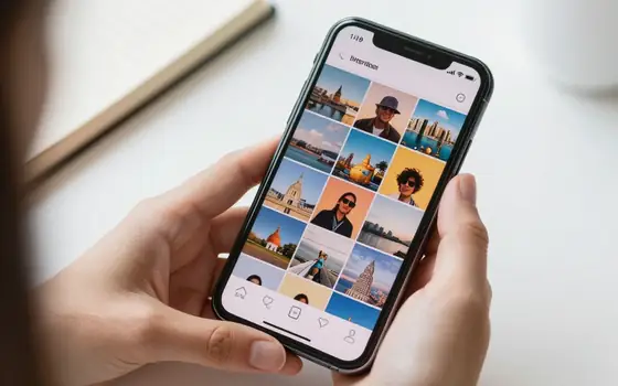 Hands holding a smartphone showing a colorful photo grid on a bright desk.