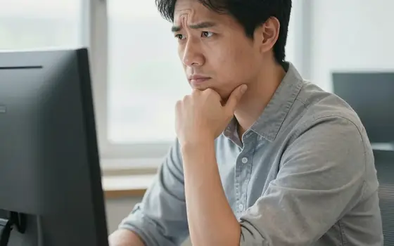A man at a desk in front of a monitor, hand on chin, looking uncertain.