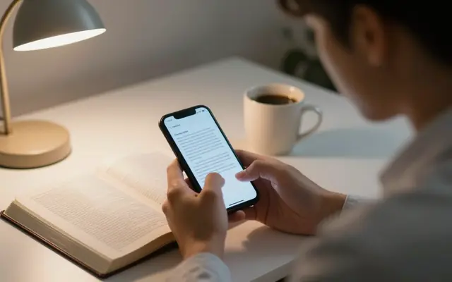 A minister typing a message on a phone with an open Bible and coffee on the desk beside.