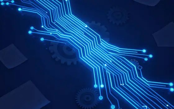 Glowing blue AI circuit traces with document and gear shapes.