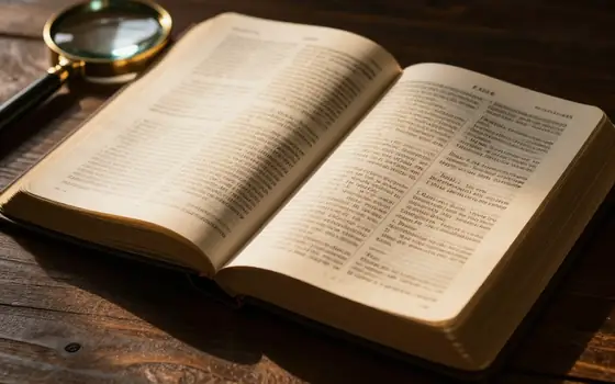 An open Bible on a dark table with warm light and a magnifying glass.