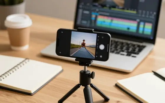 A smartphone on a tripod beside a laptop showing a video editing timeline.