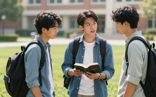A student holding an open Bible, explaining a passage to two other students on a campus lawn.