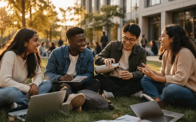 International students sitting together on a campus lawn with laptops and notebooks.