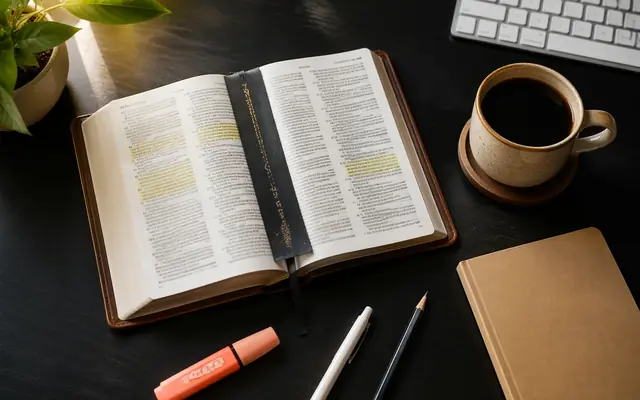 An open, highlighted Bible on a desk beside a keyboard, notebook and morning coffee.
