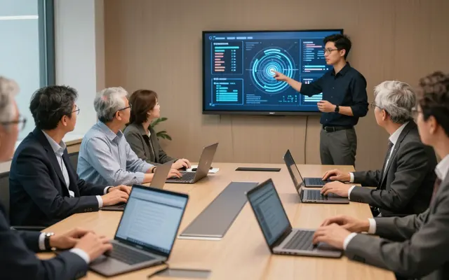Executives around a boardroom table with open laptops while a facilitator points at a screen of AI graphics.