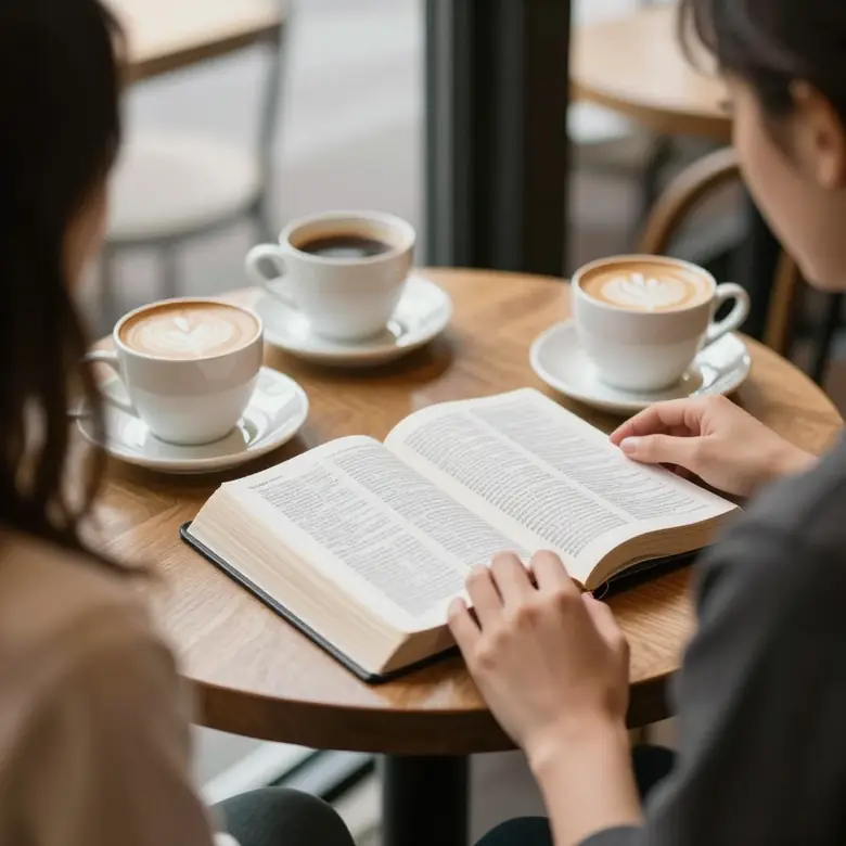 Two people at a cafe table with an open Bible and two cups of coffee, studying together.