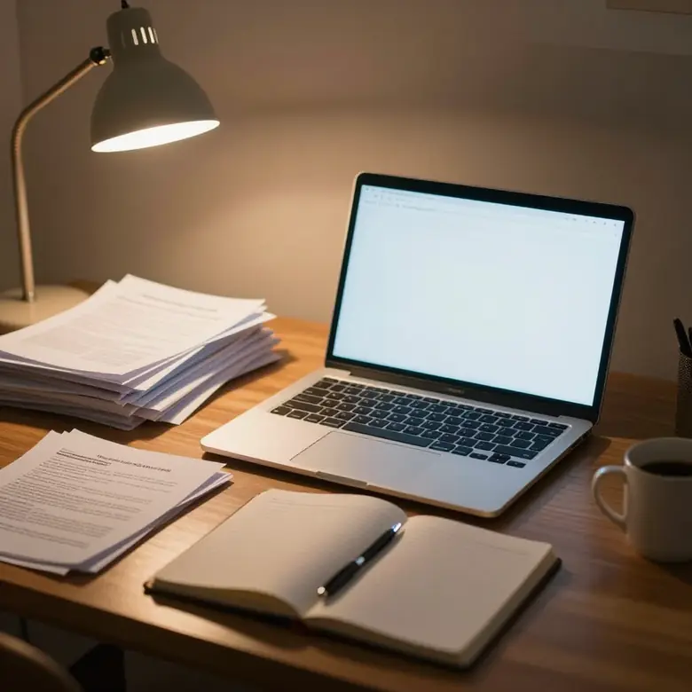 A minister’s desk late at night: laptop, stacks of printed bulletins, notebook and coffee under a warm lamp.
