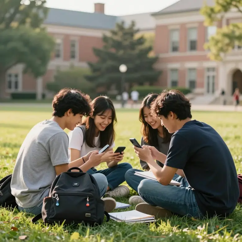 Three university students sitting on a campus lawn, looking at their phones in the afternoon sun.