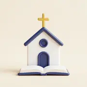 A small chapel with a cross and an open book.