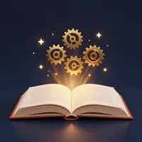 Open book with golden light and floating gears.