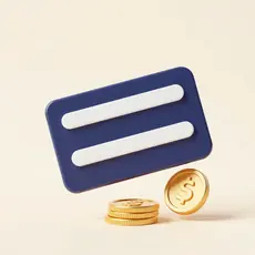 Navy subscription card beside gold coins.