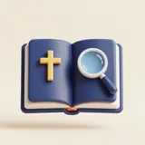 An open book with a small cross and magnifying glass.