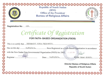 South Sudan UBF Got the Certificate from Government 