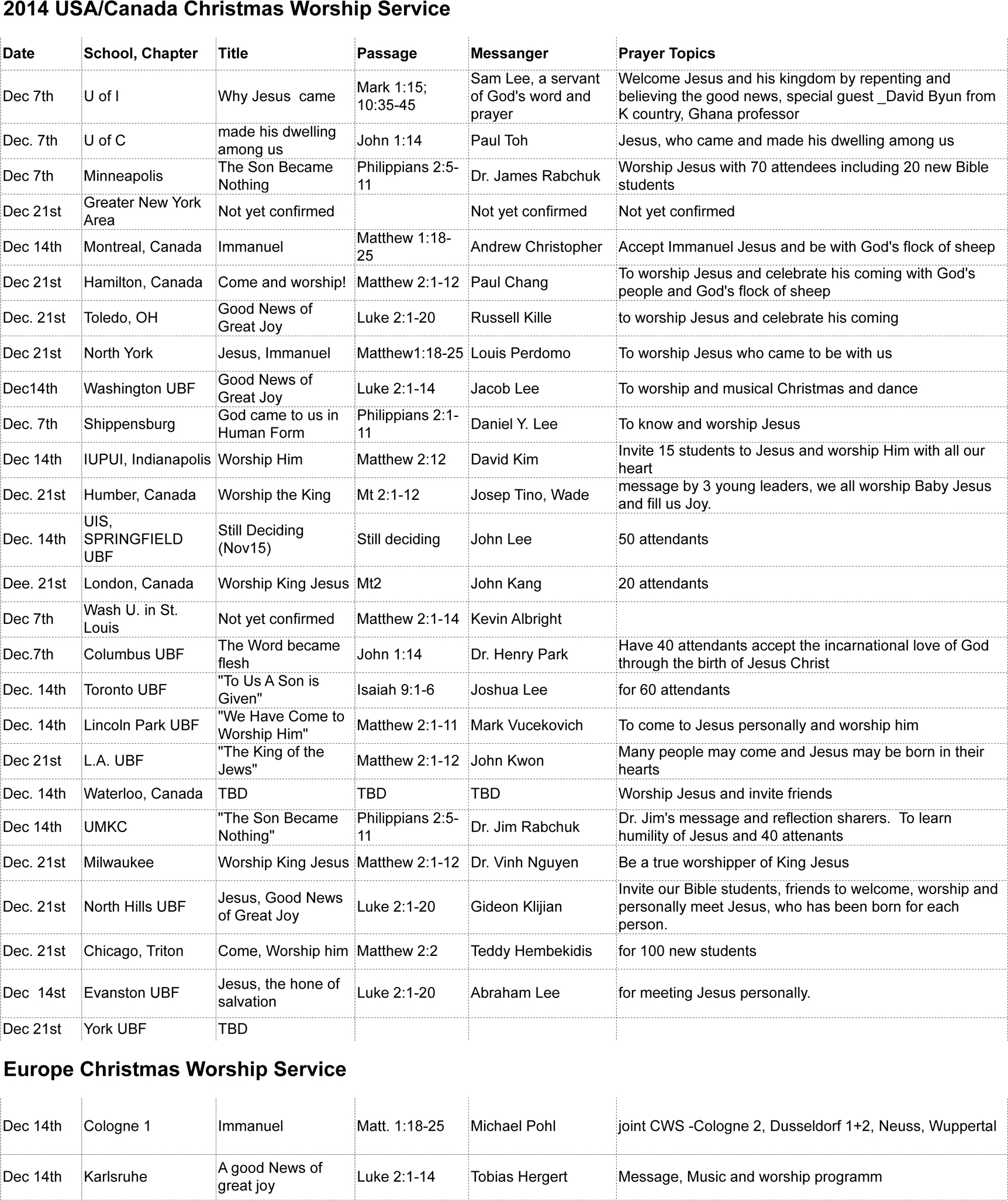 2014 UBF Worldwide Christmas Worship Schedules & Prayer Topics