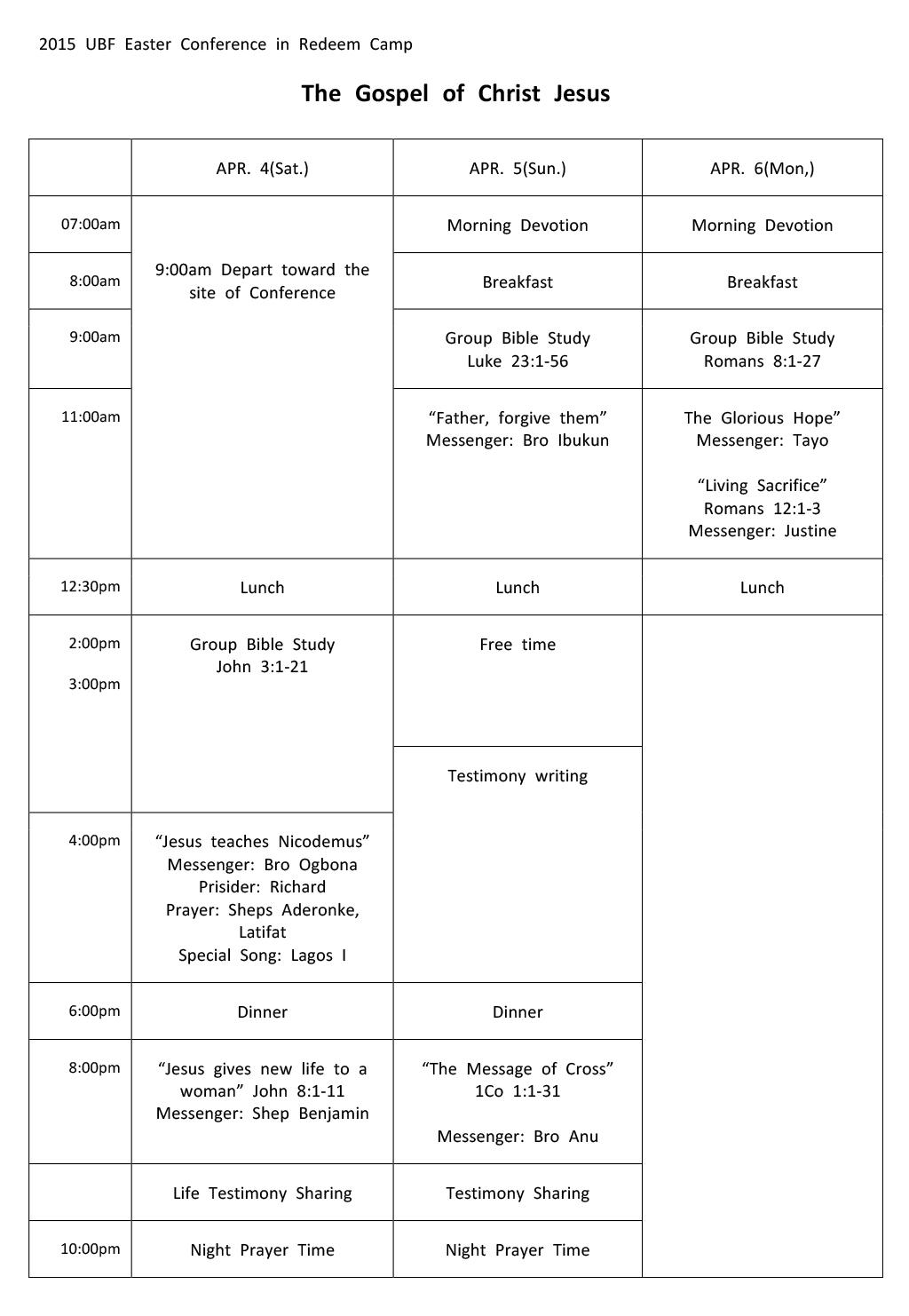 Nigeria United Easter Bible Conference Program