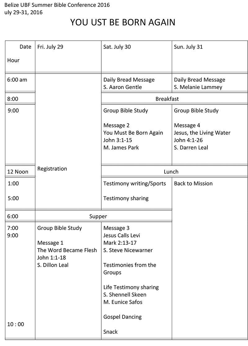 Belize UBF Summer Conference Prayer Topics & Program