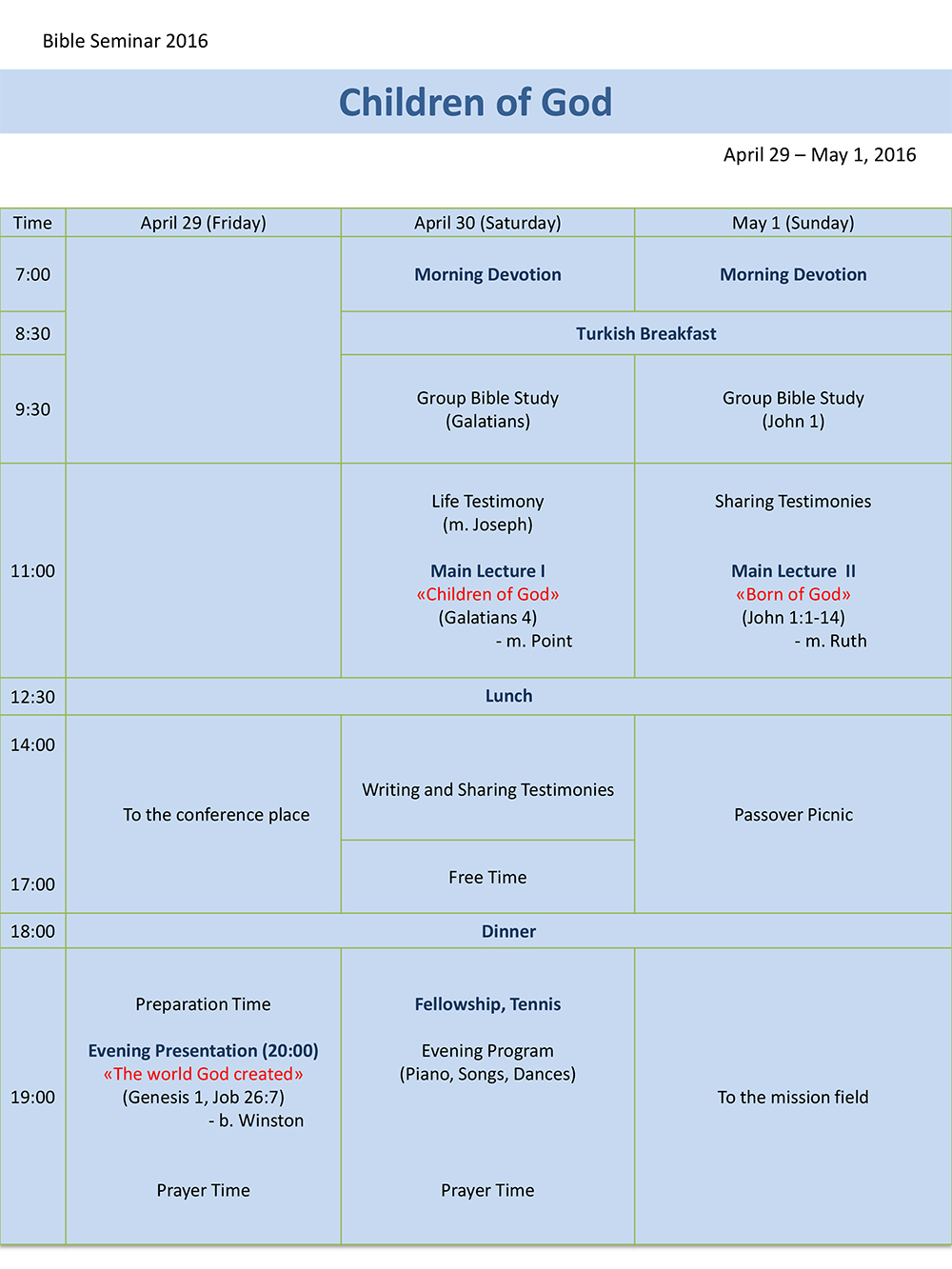 Istanbul UBF Bible Seminar Program
