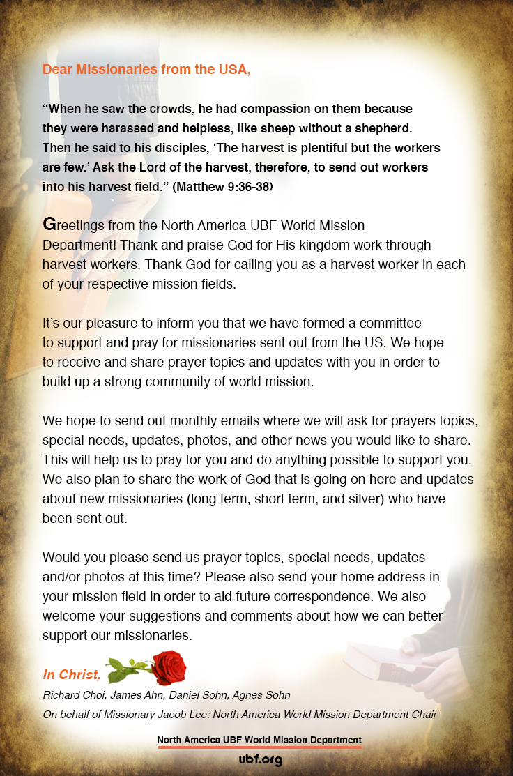 Letter from North America World Mission Depart