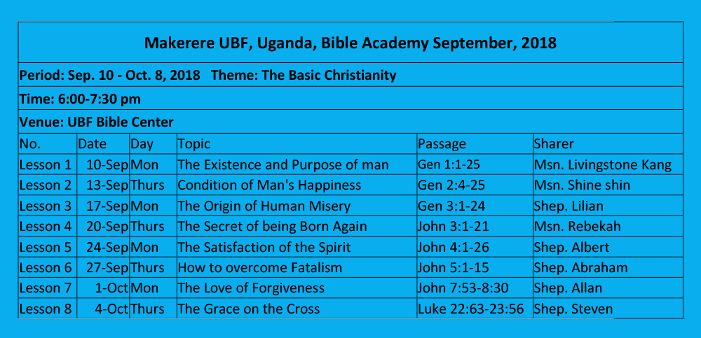 "The Basic Christianity"-Makerere UBF had a Bible Academy for the New Semester (Sep. 10-Oct. 8, 2018), UGANDA