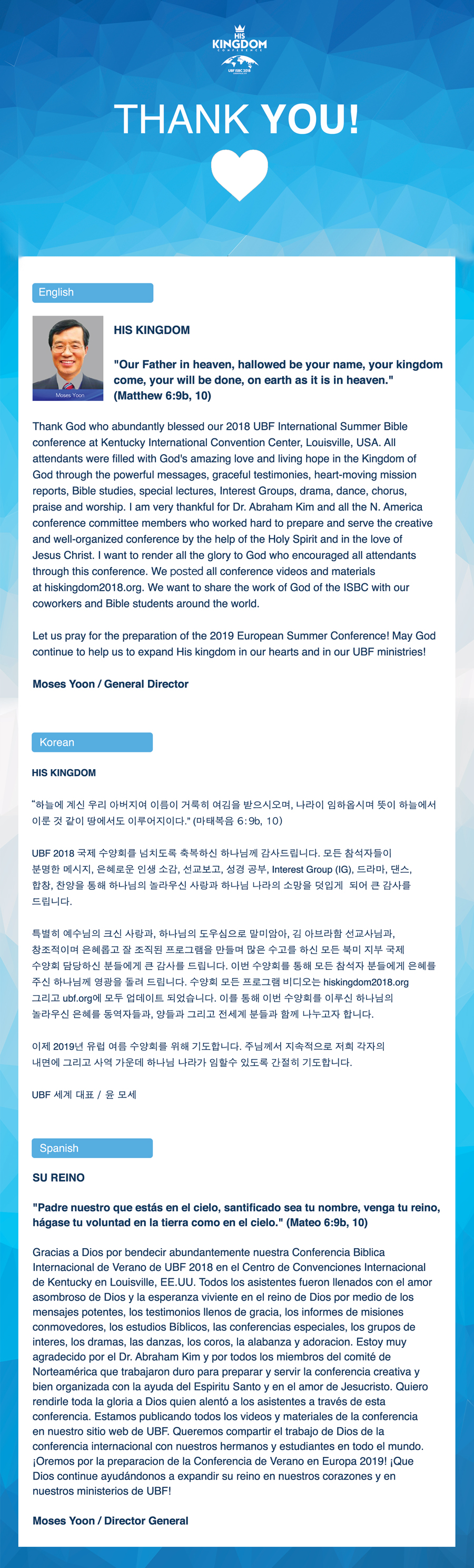 UBF 2018 ISBC - Thanksgiving Letter by P. Moses Yoon