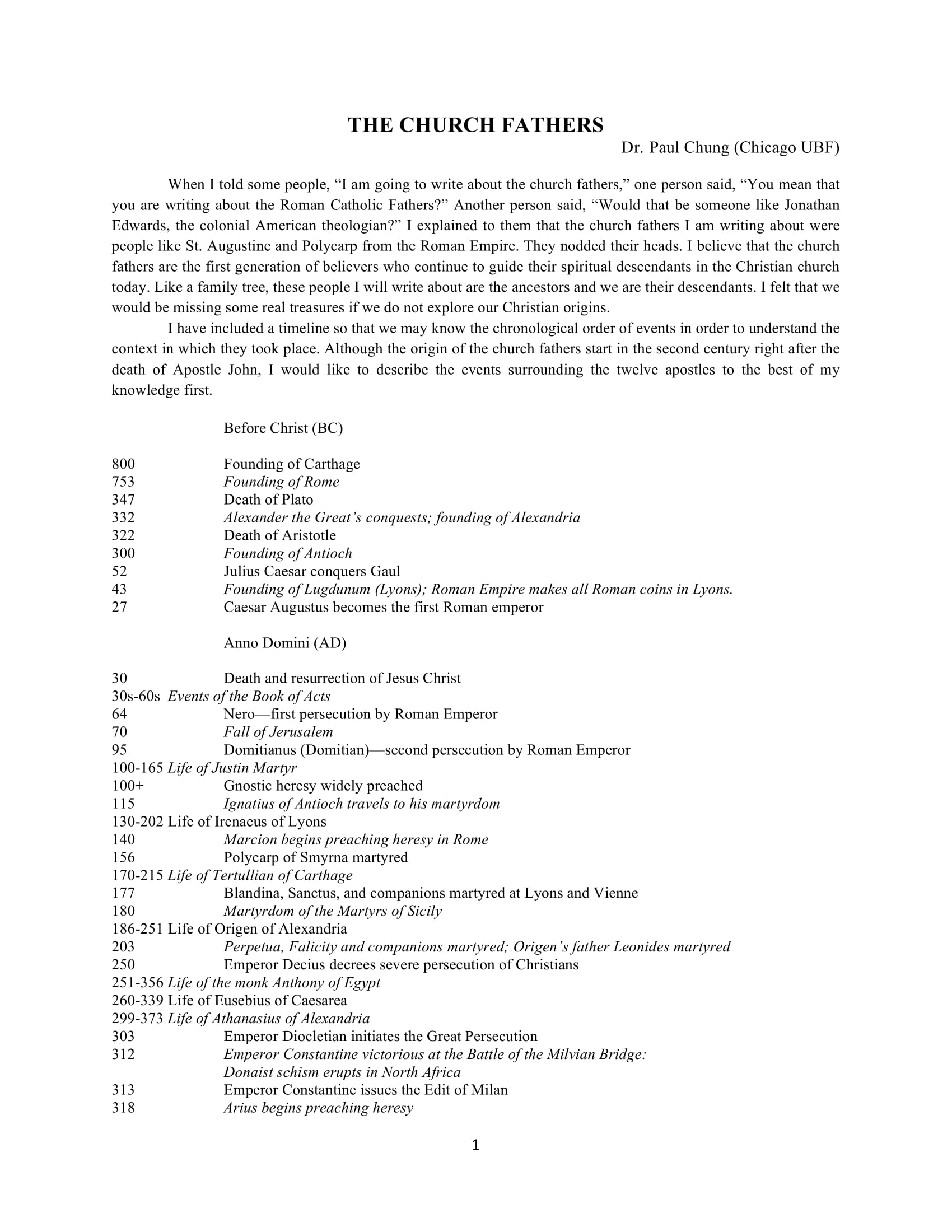 The Church Fathers by Dr. Paul Chung
