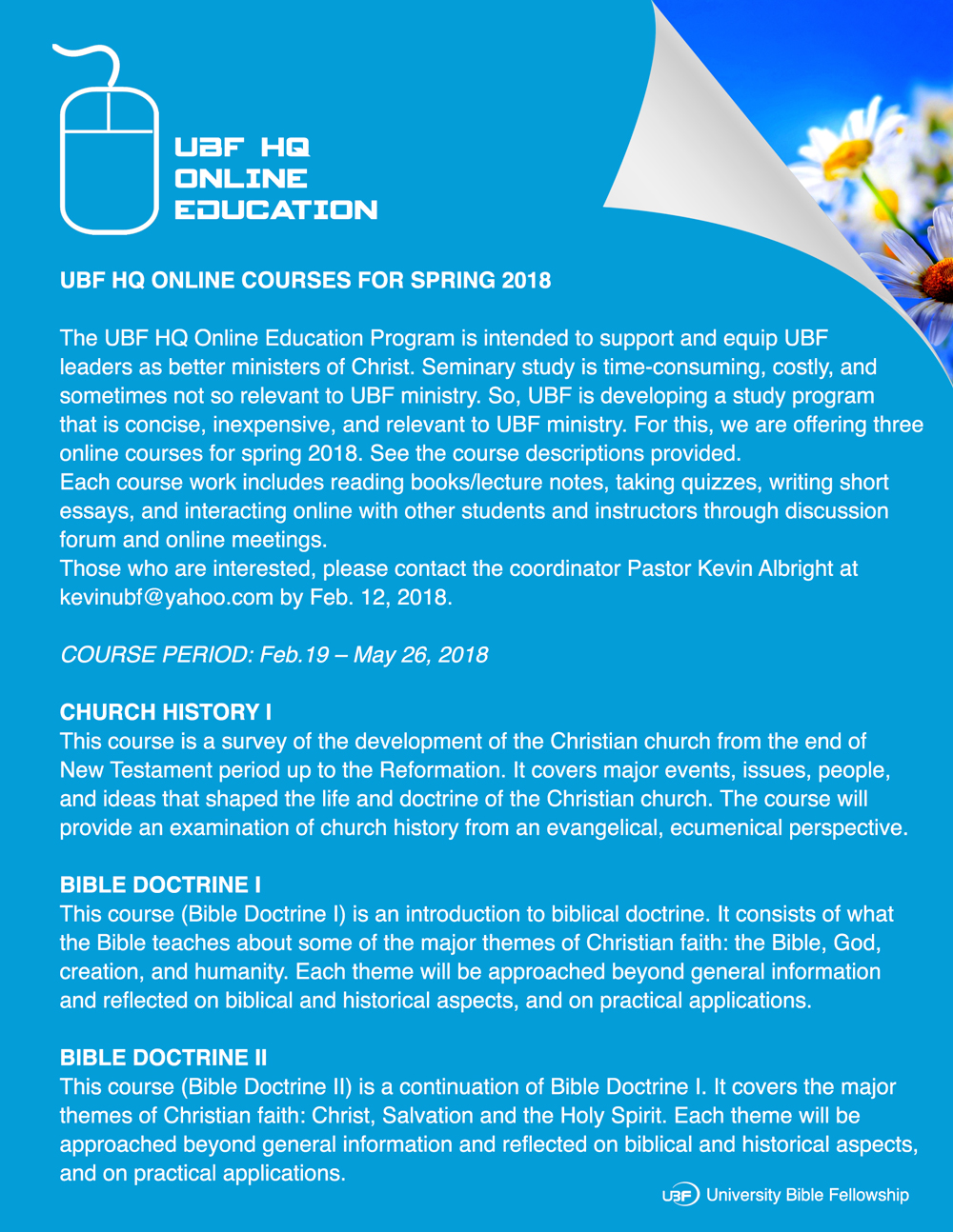 UBF HQ Online Courses for Spring 2018 - Class Starts Feb. 19