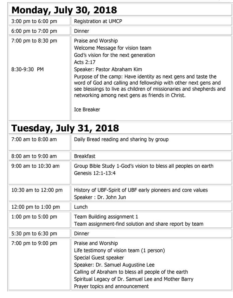 "Young Men Will See." - 2018 Pre-ISBC Next Gen Vision Camp Program, Washington UBF, USA 