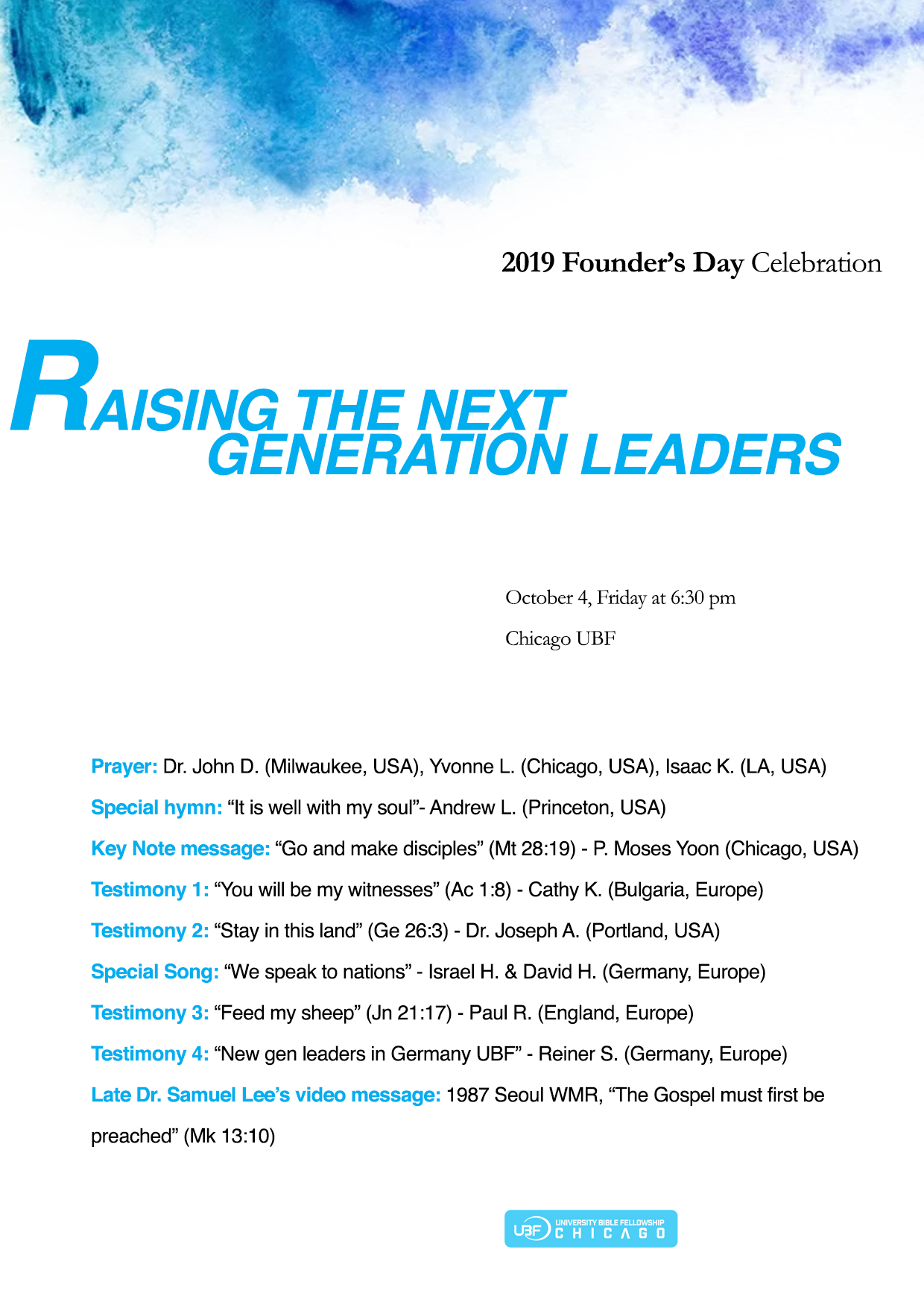 Chicago UBF will Hold the Founder's Day Celebration with a Theme, "Raising the Next Generation Leaders" on Oct. 4, 2019 (Program) 