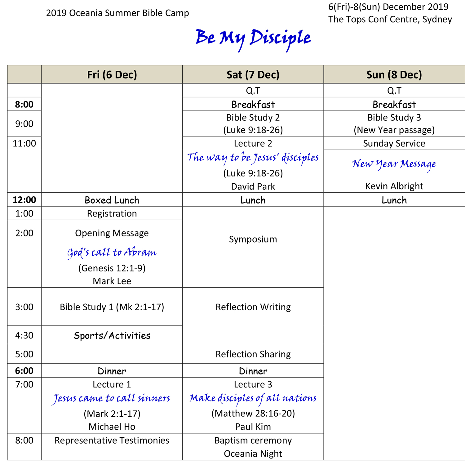 "Be My Disciple" - 2020 New Year Oceania UBF Conference Program & Prayer Topics (12/6-8, 2019)