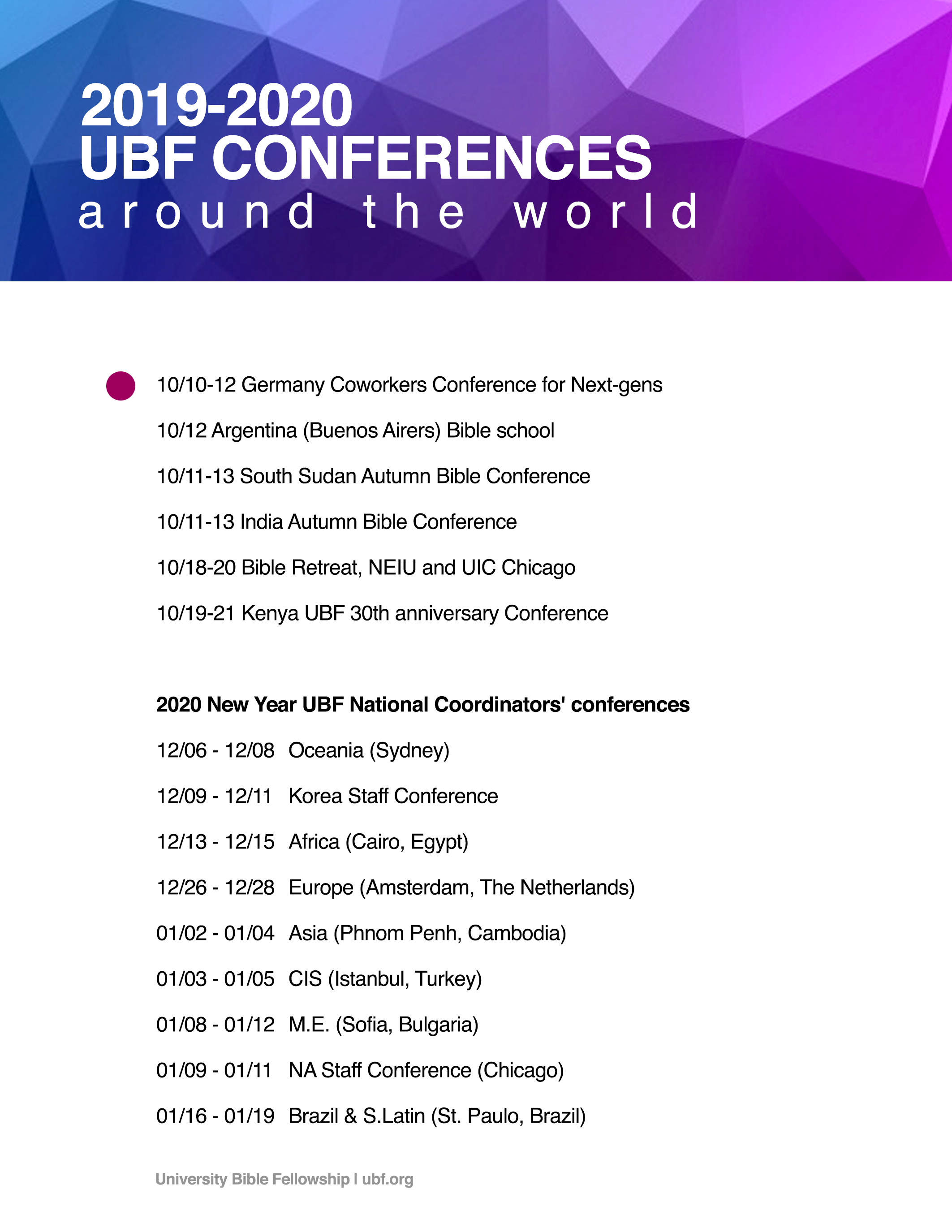 Schedules of UBF Conferences around the World