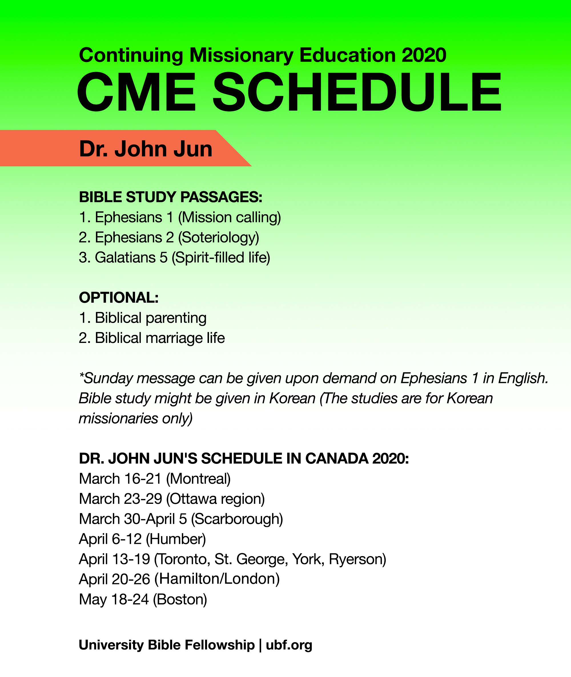 (Updated Announcement) Dr. John Jun's 2020 Continuing Missionary Education (CME) in Canada Has been Postponed