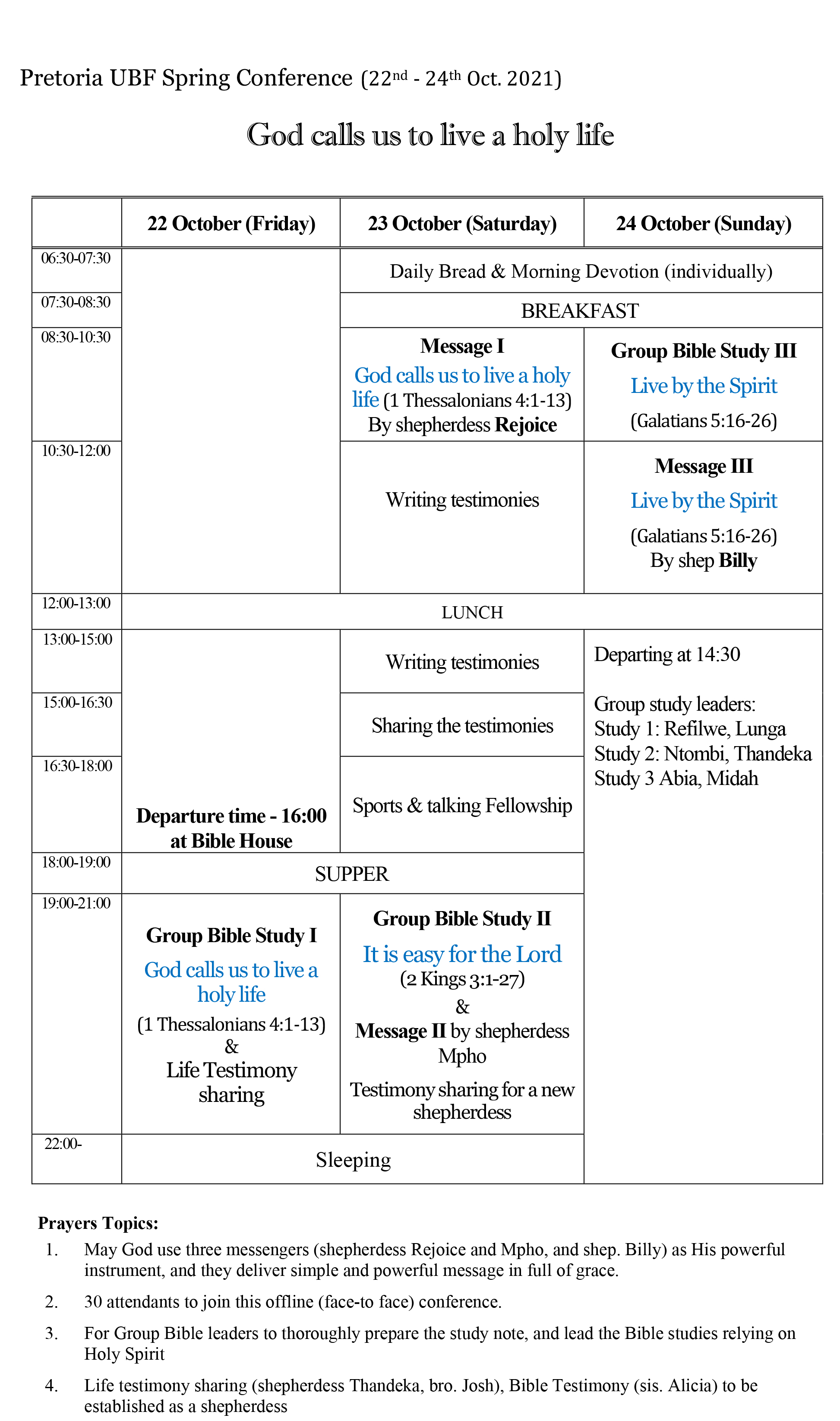 (SOUTH AFRICA) Pretoria UBF Spring Conference from October 22 to 24, 2021