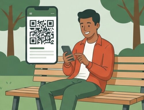 Student scanning a QR code on a park bench