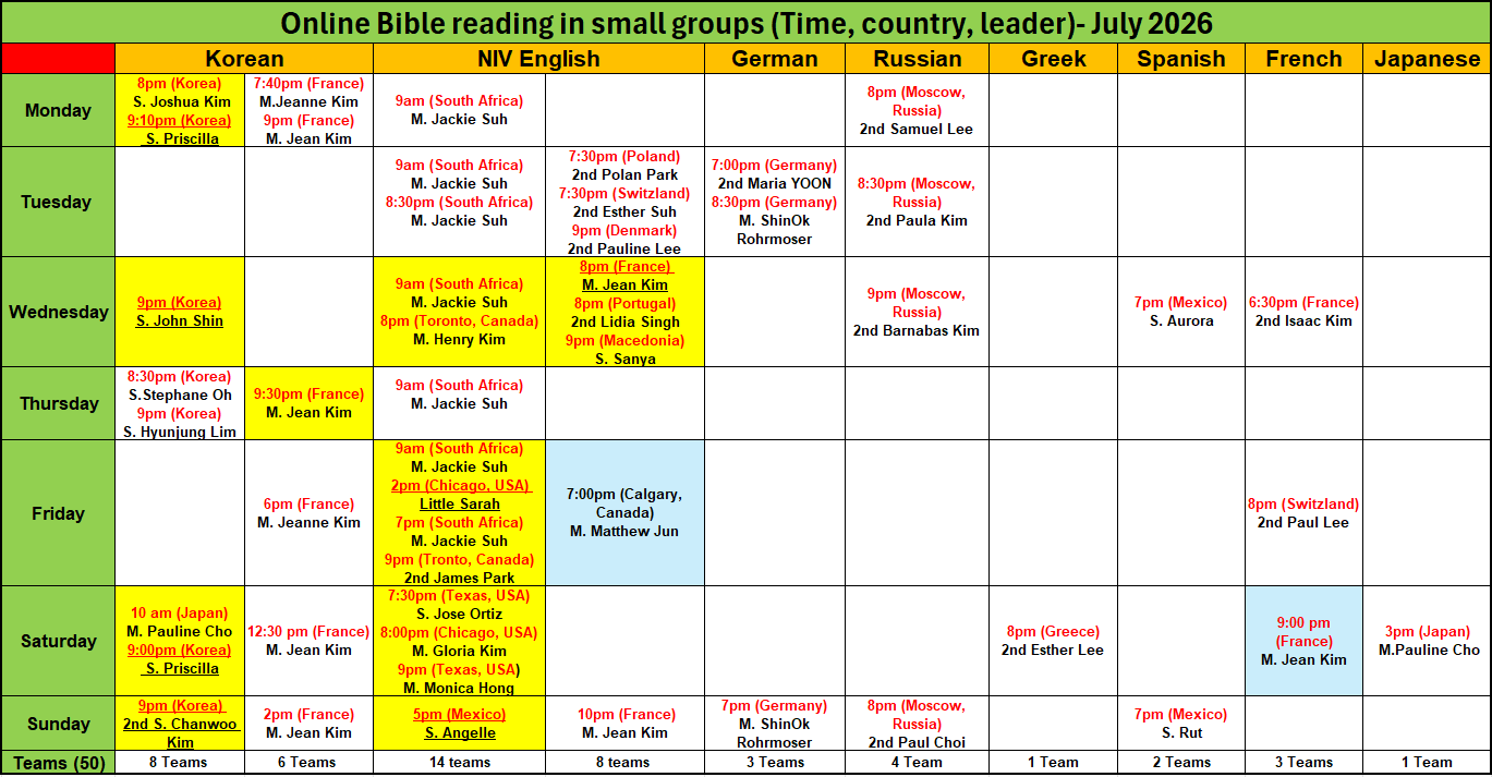 Online Bible reading in small groups (Time, country, leader) - July 2026