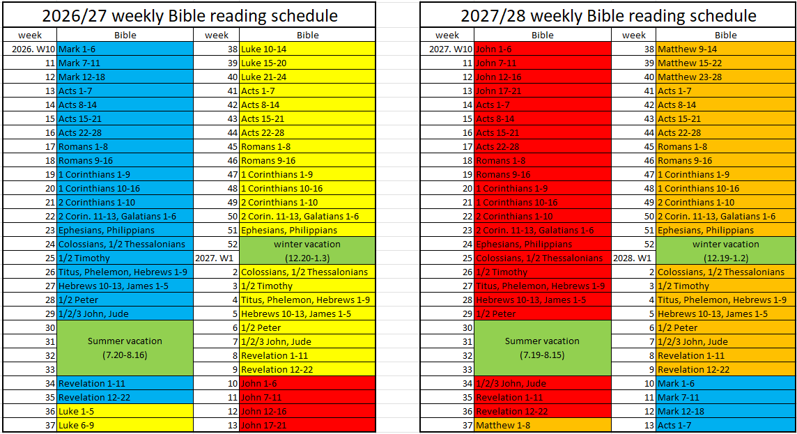 2026/27 and 2027/28 weekly Bible reading schedule