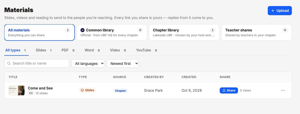 The Materials page with common, chapter and teacher shelves