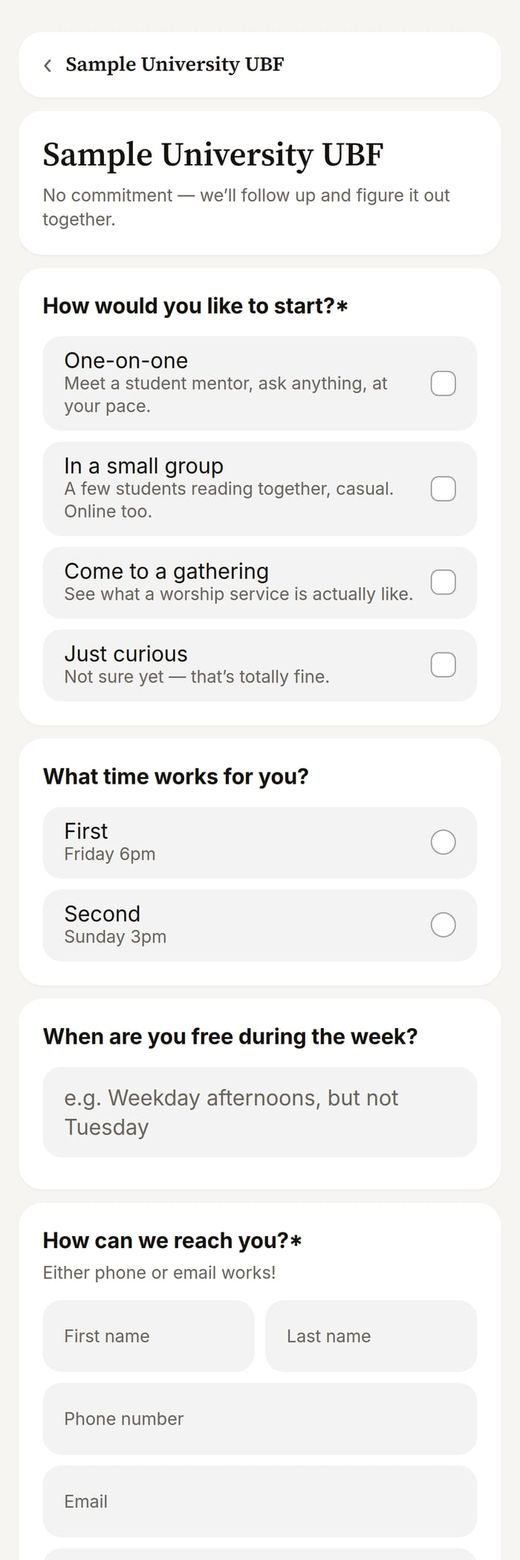 The student sign-up form on a phone