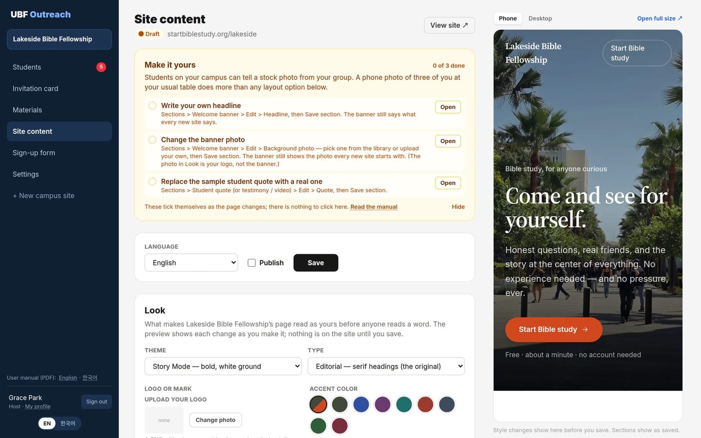 The Site content editor with the Look card and a live phone preview