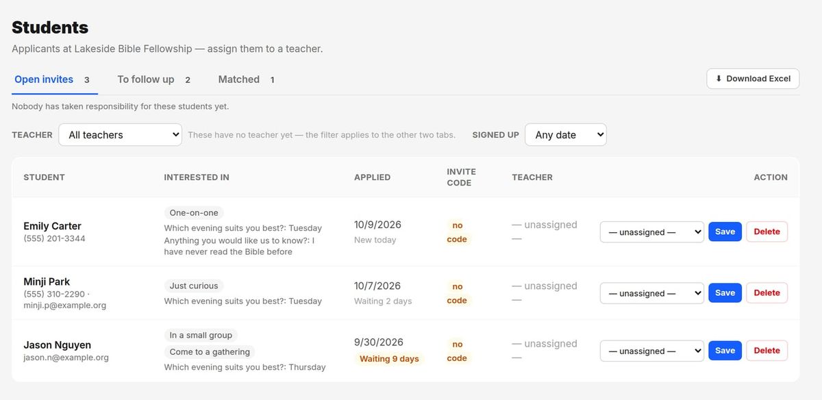 The Students page with open invites waiting for a teacher